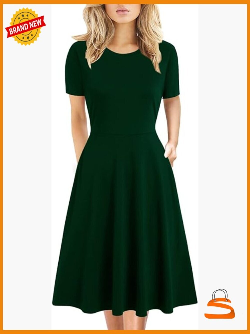 A-Line Swing Dress with Pockets - Knee Length - Short Sleeve - Polyester Blend